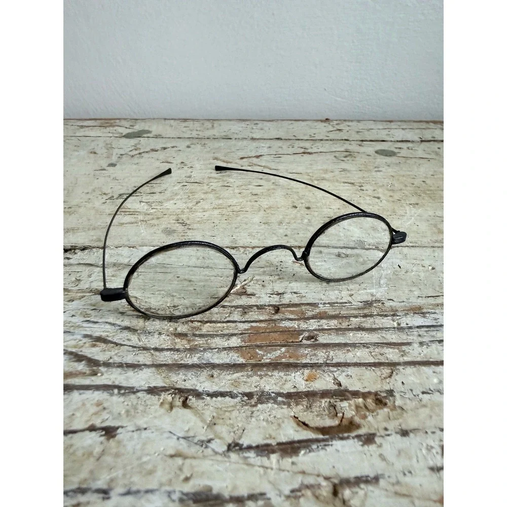 Antique Wire Rim Spectacles Oval Glasses Black Metal Frame Vintage Case 1900s